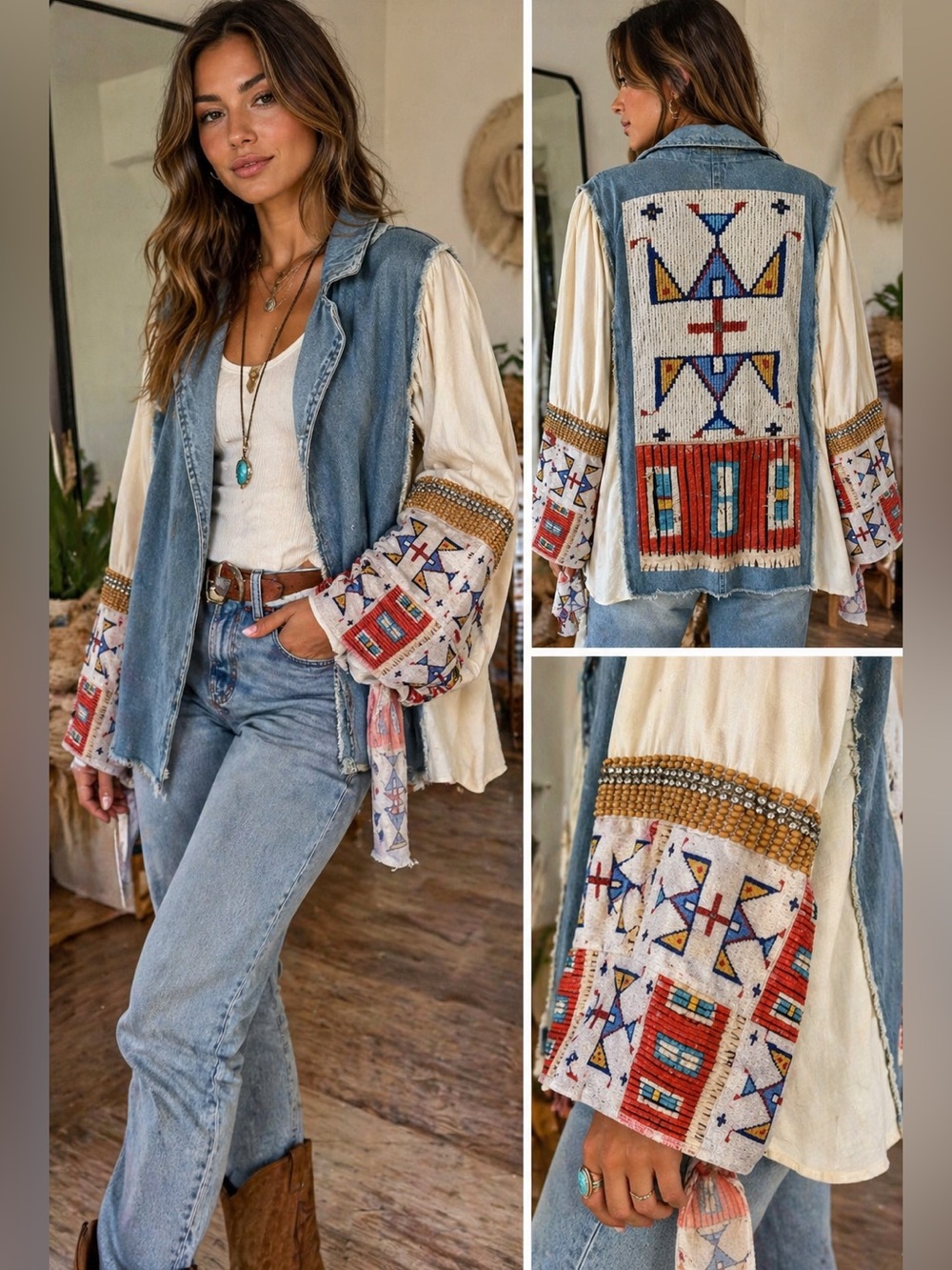 Bohemian Denim & Cream Jacket Vibrant geometric Patterns Oversized Size XS